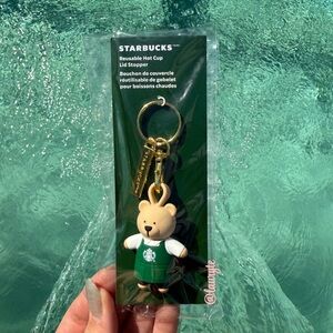 Starbucks 2025 Bearista Bear Green Apron Reusable Hot Cup Stopper Keychain